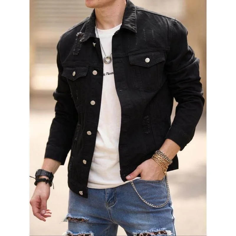 Ripped Denim Jacket Men's Spring Autumn Thickened Flocking Ordinary Length Seven Sleeve Long Collar Design Special Wide Fit