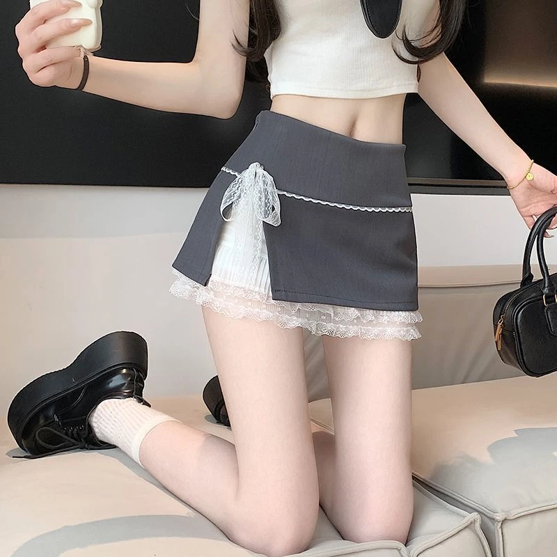 

Y2k Patchwork Lace Bow Tie Mini Skirt Women Summer High Waist Slim Fit A-line Skirts Fashion Versatile Chic Faldas