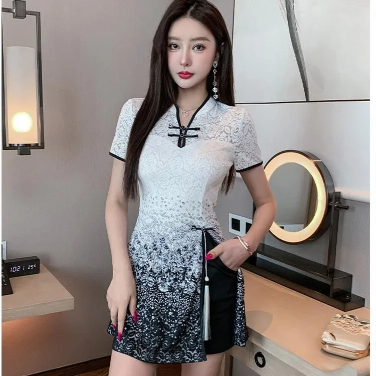 فستان صيفي مثير قصير 2 قطعة مجموعة ملابس النساء فساتين شيونغسام دعوى ملابس امرأة Vestidos الصينية تشيباو أنيقة Ropa Mujer #4