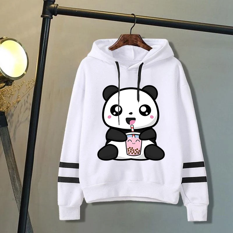 

New Fashion Women'S Men's Casual Hooded Kawaii Cute Panda Boba Tea Printed Long Autumn And Winter Fleece Stripe Hoodies/Sweater