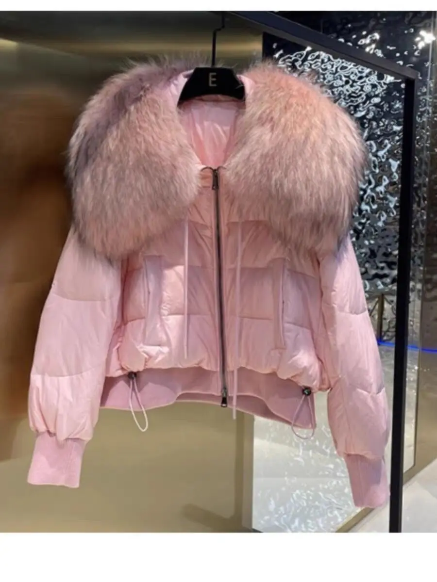 

Fashionable Women's Winter Down Jacket Cropped Fox Fur Collar High End 90% White Duck Feather Coat Thick Long Sleeves