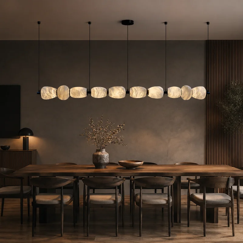 Modern Art Deco Alabaster Linear Sculptural Pebble Shade Suspended Horizontal Dining Room Kitchen Island Decor Pendant Lamp