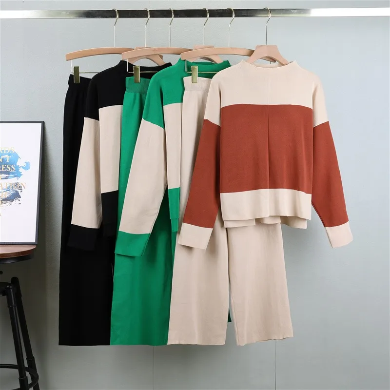 

New Warm Women's Sweater Round Neck Long Sleeves Knitting Elegant Women's Sets High Waist Loose Fashion Pants Set 2 Piece Woman