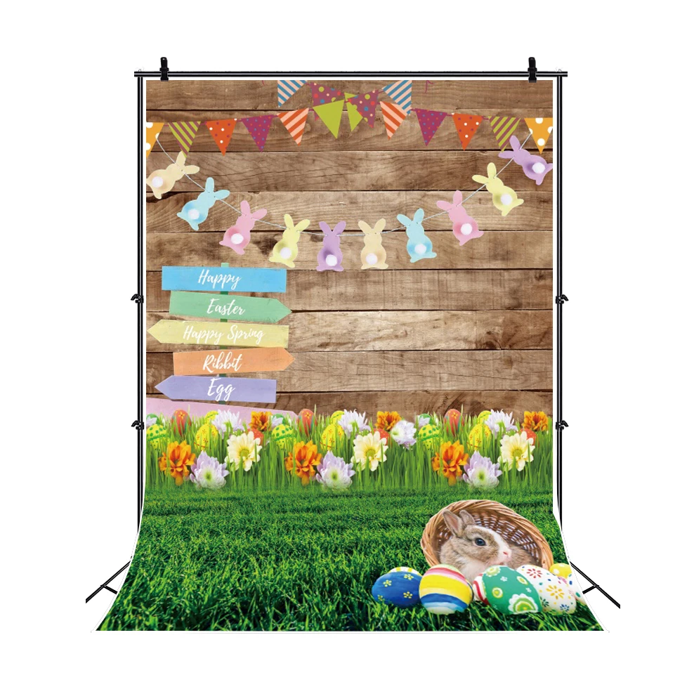 Happy Easter Photography Backdrop Spring Natural Landscape Green Grass Flowers Rabbit Eggs Kids Birthday Party Decor Background