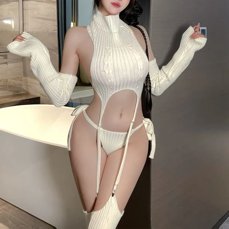 Новый сексуальный свитер с открытой спиной Pure Desire, косплей Otaku Killer, трикотажное нижнее белье с высоким воротником, комплект чулок, женский экзотический искушение