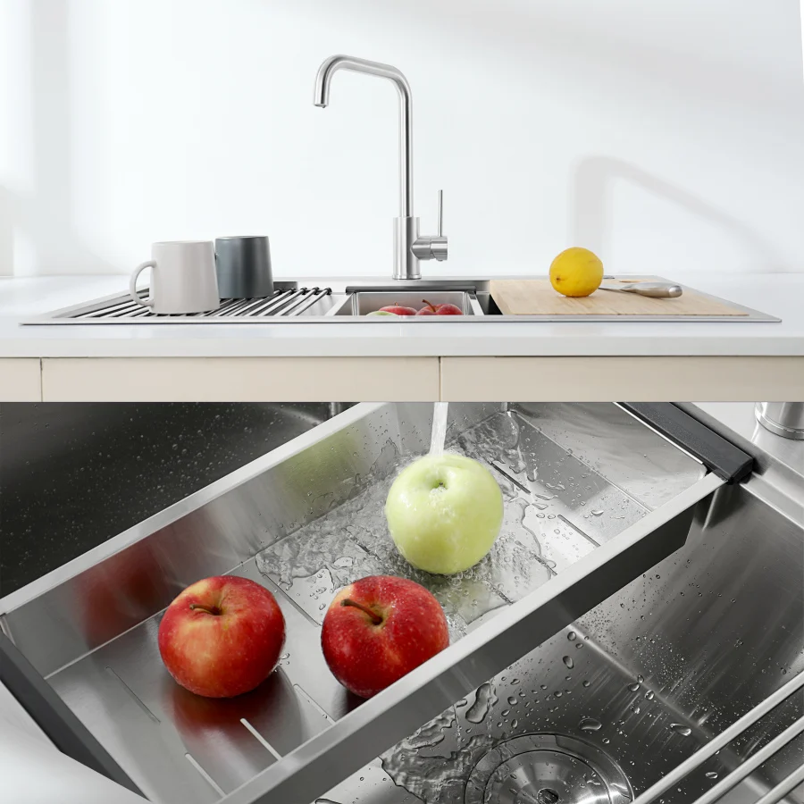 

Stainless Steel Kitchen Sink 33″x22″ Single Bowl Overmount Handmade Sink in Brushed with Cutting Board Colander Grid LS-SSBR01