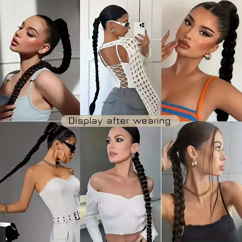 Extensión de cola de caballo sintética larga y lacia con trenza, elástico de goma, clip, postizo negro para mujer, uso diario 6