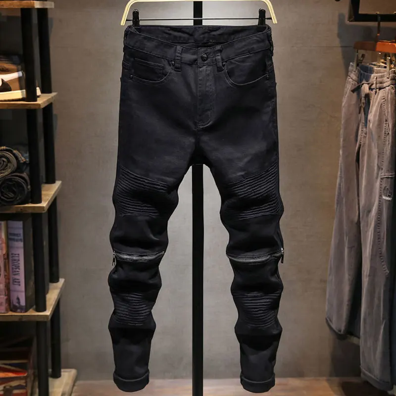 Men Jeans Black Biker Denim Pants Knee Ribbed Stitching Zipper Design Elastic Slim Streetwear Men Jeans hombre