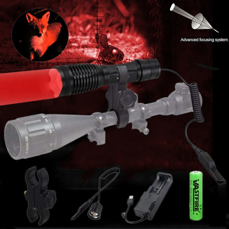 Hunting Flashlight Zoomable White/Red/Green Light Tactical Flashlight LED Light With 18650 Battery+Charger+Pressure switch