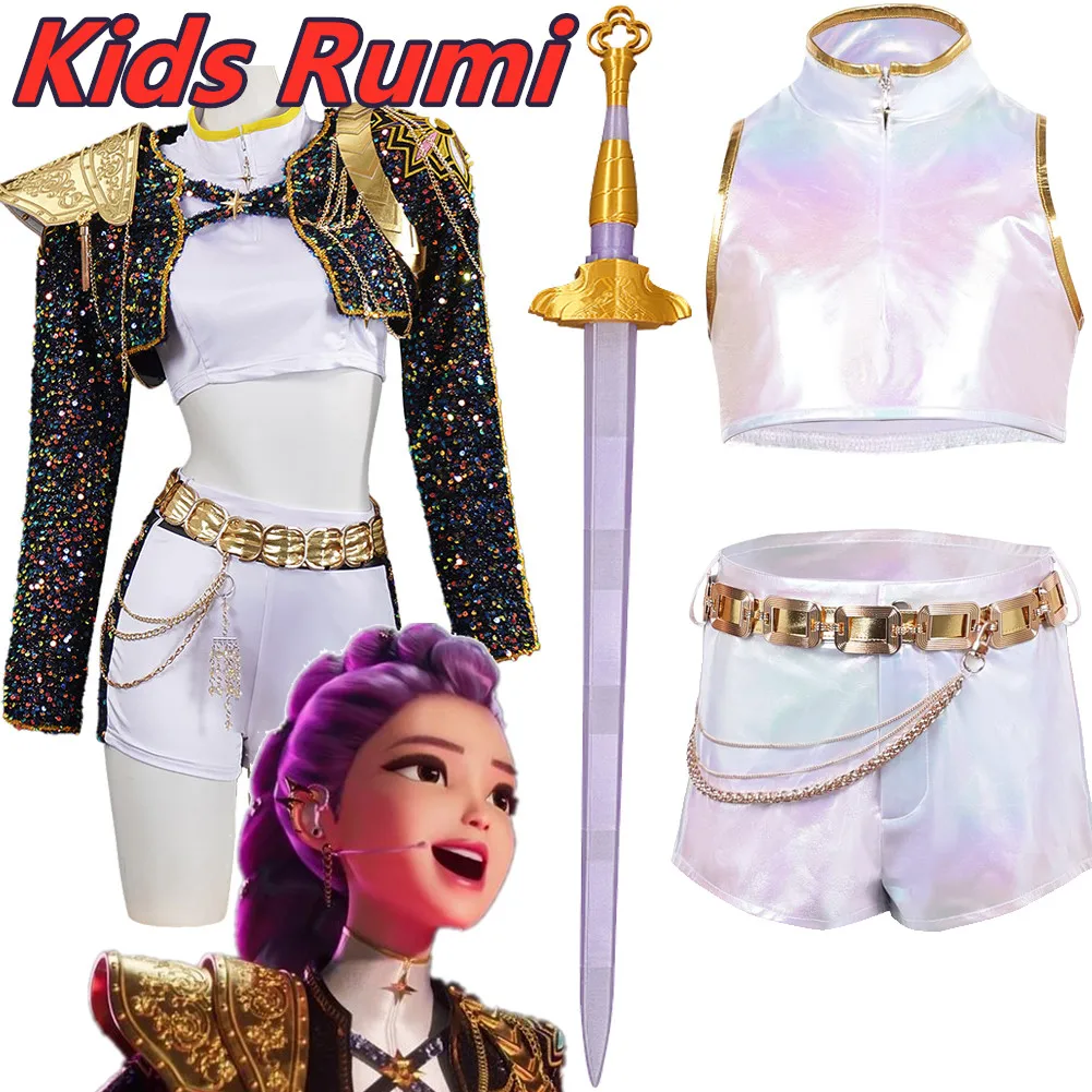 

Kids Girls Rumi KPOP Demon Hunter Disfraz Black Golden Huntrix Cosplay Costume Clothing Fantasy Halloween Party Chilren Suit
