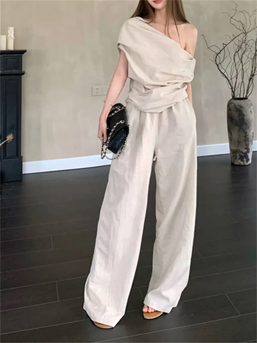 PLAMTEE Elegant Women Slim Suits Solid Chic Off Shoulders New 2024 Loose Summer Office Lady Short Sleeve Daily Wide Leg Pants