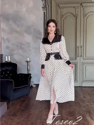 Tesco Elegant Women's Dress Black White Peter Pan Collar Long Sleeve Dot Long Dress With Lace Court Style Summer Dresses vestid