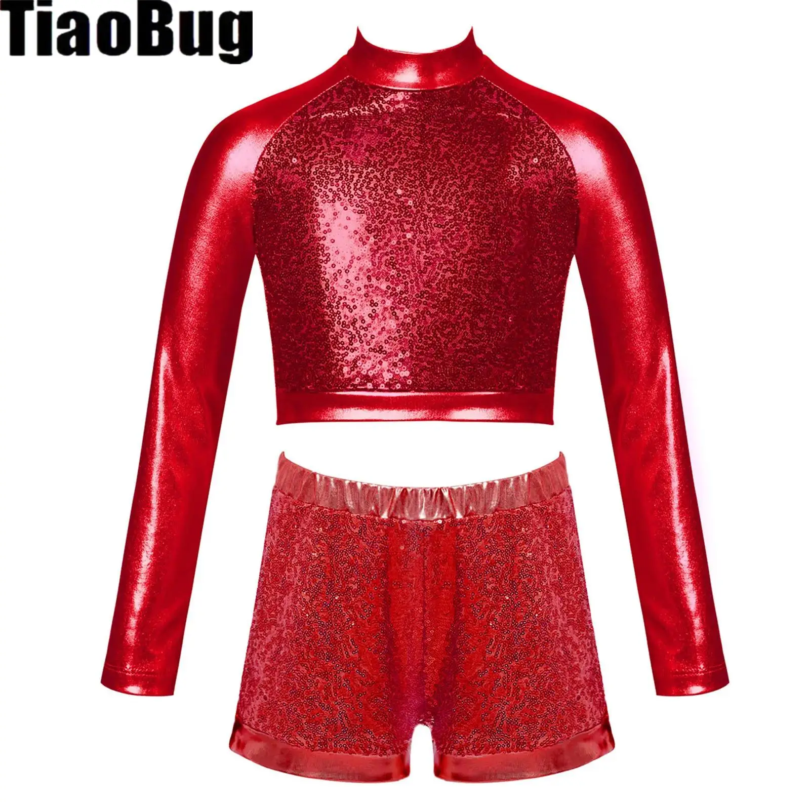 

Kids Girls Sequined Metallic Dance Outfit Mock Neck Long Sleeve Shiny Sequin Crop Top with Elastic Waistband Patchwork Shorts