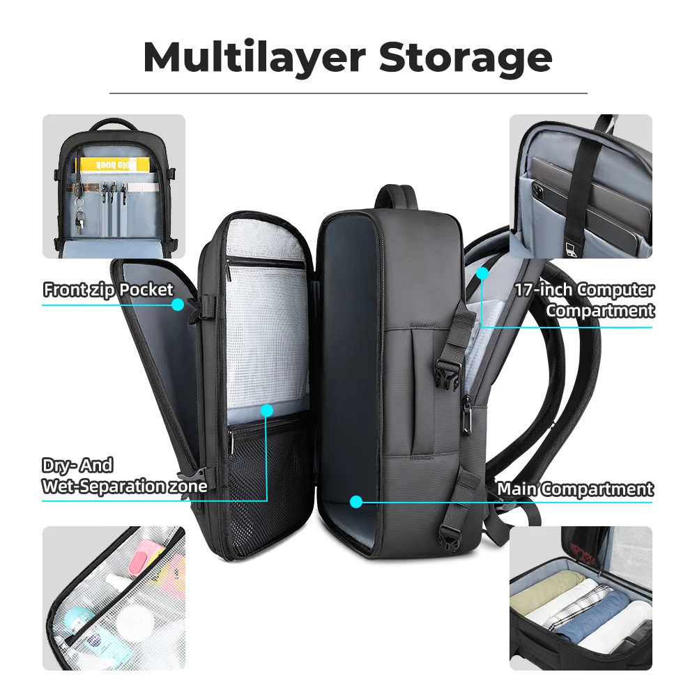 HK 비즈니스 남성용 백팩 방수 여행 가방 17인치 노트북 다기능 백팩 통학 하이킹용 대형 데이팩