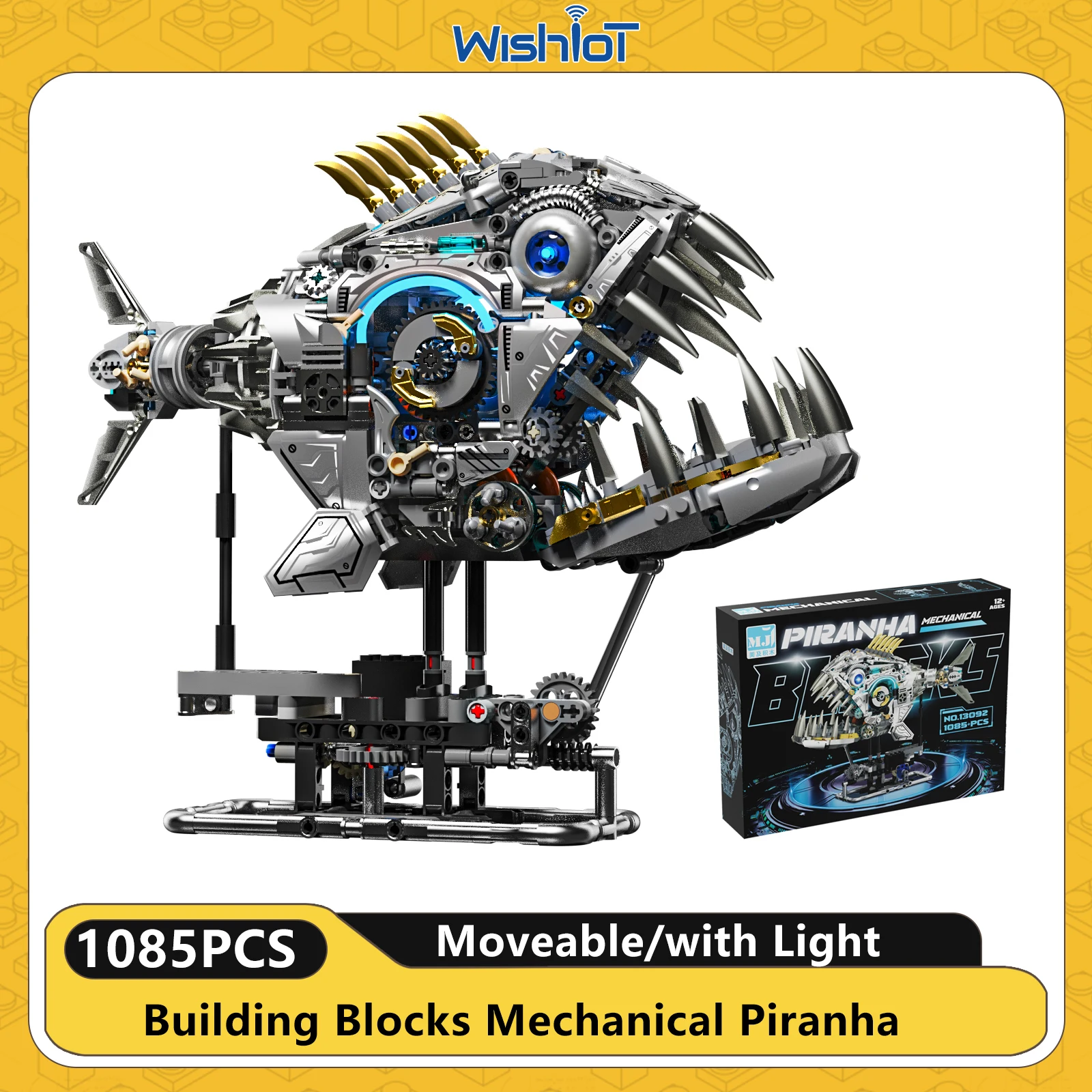 

1085PCS Building Blocks Mechanical Piranha with Light Parts Moveable Simulation Sea Animal Model Creative Toy Kids Birthday Gift