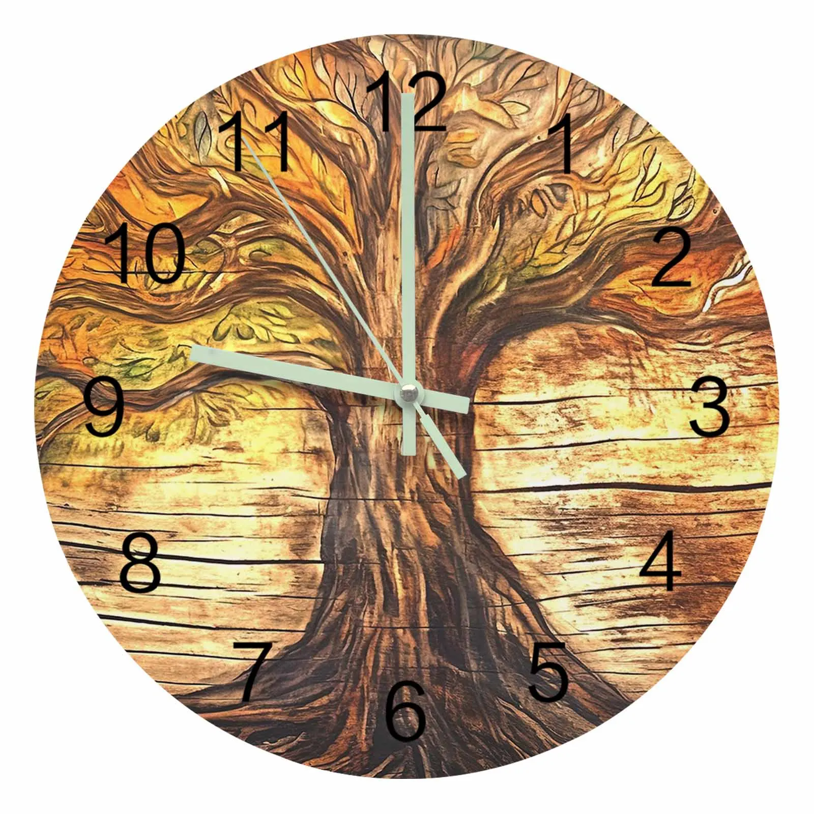 

Tree Plank Luminous Pointer Wall Clock Home Interior Ornaments Round Silent Clock for Living Room Bedroom Office Wall Decor