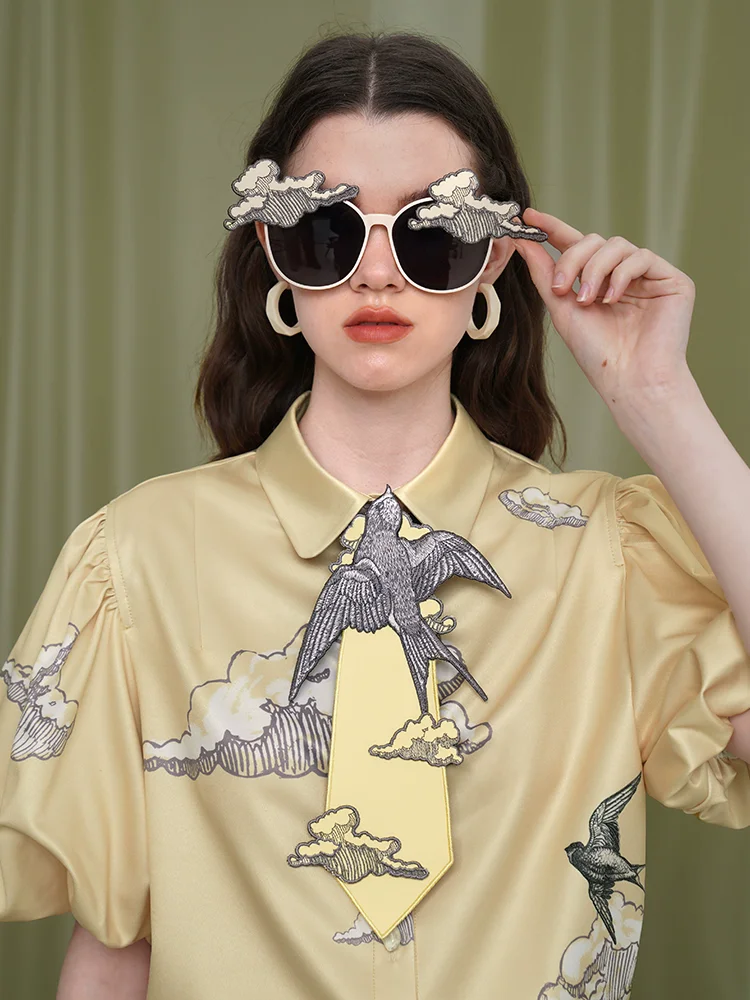 Original Design Women Vintage Flying Bird Embroidered Neck Tie