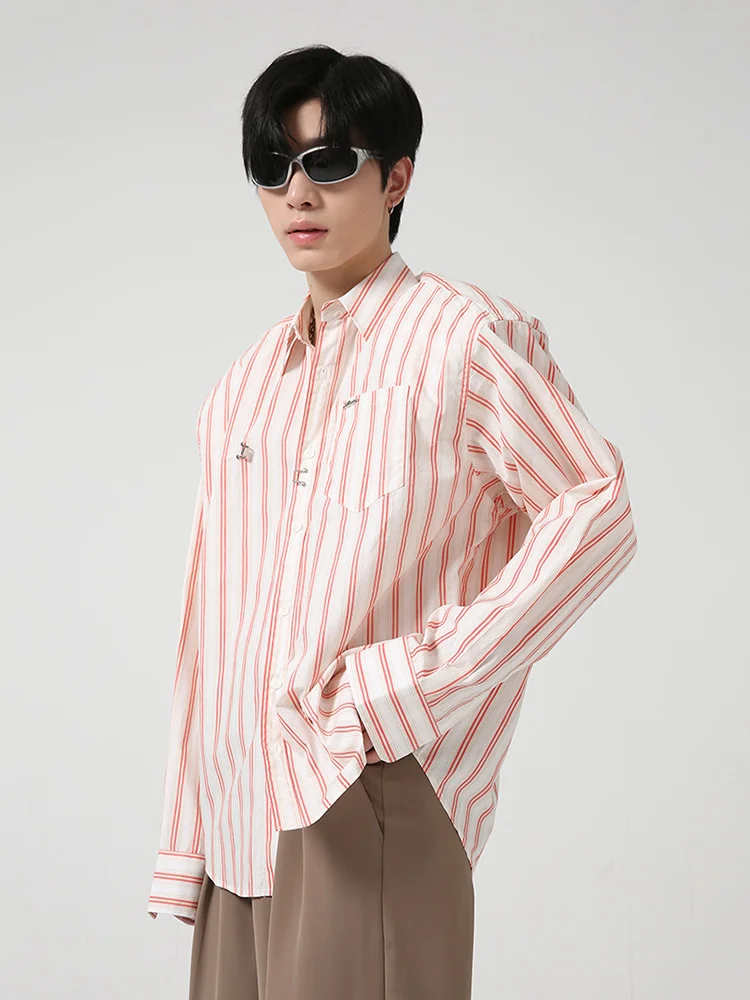 Casual Men's Metal Decorated Striped Shirt 2022 New Korean Style Fashion Personality Color Loose Blouse lapel 2A2123