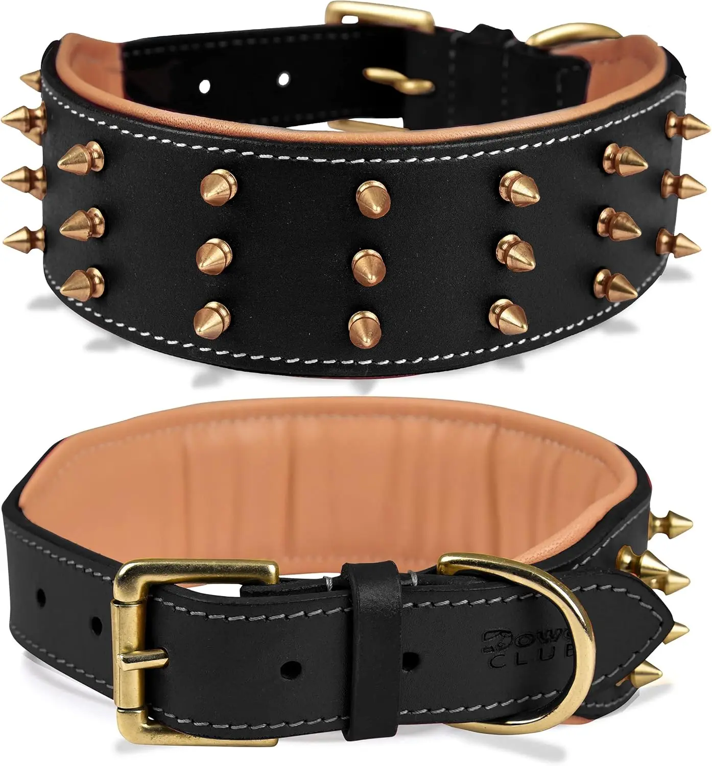 

Spiked Leather Dog Collar - 2" Wide Heavy Duty Adjustable for Large XL Breeds, Black Gold