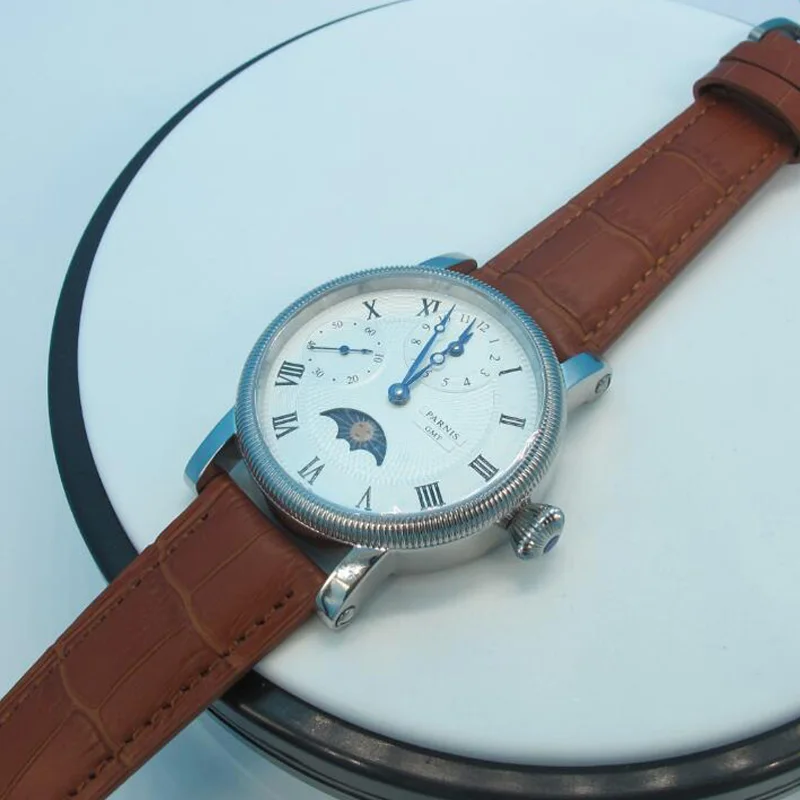 Parnis 43mm caixa de prata mãos azuis relógio masculino pulseira de couro gmt fase da lua mecânica mão vento relógios masculinos reloj hombre 2025