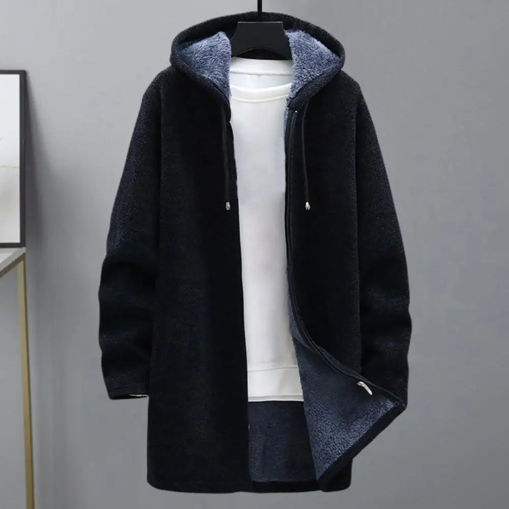 Hooded Knitting Coat Men Coat Winter Hooded Knitwear Coat with Plush Lining for Men Mid-length Zipper Placket Jacket