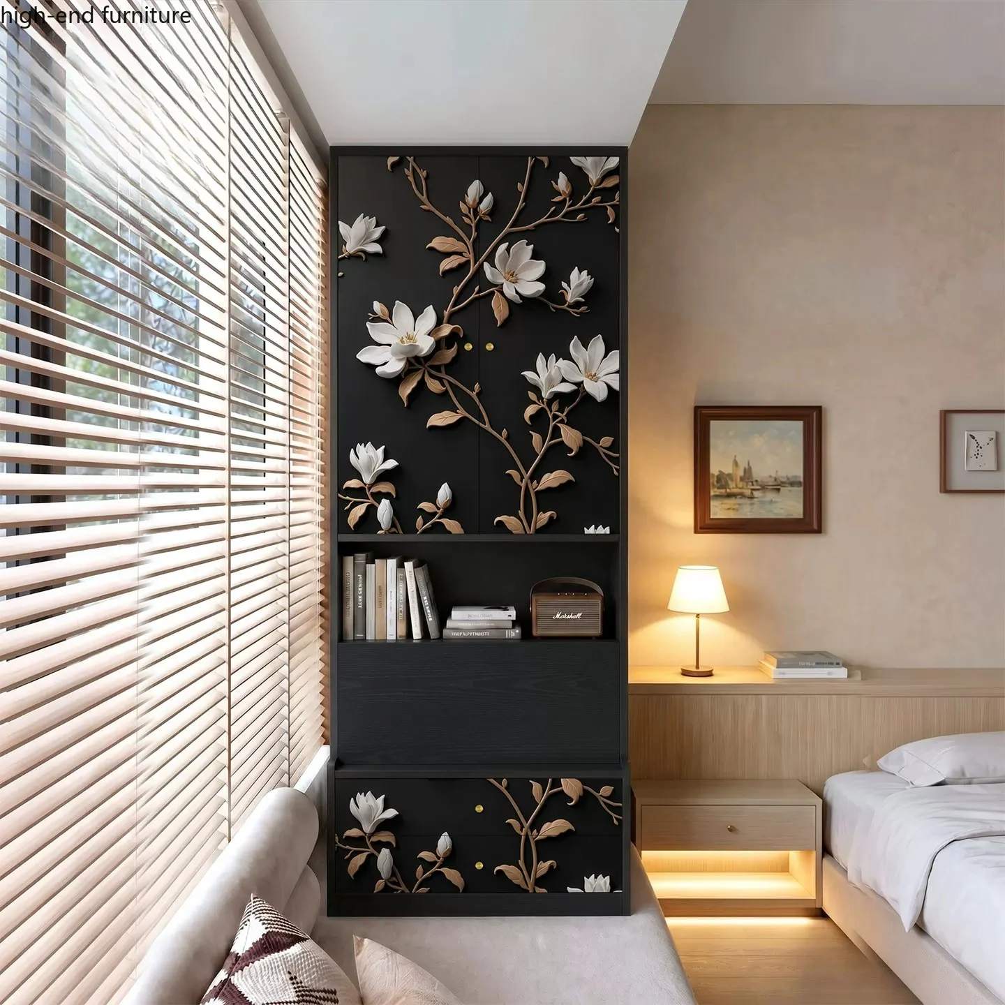 Bay window cabinet, bedroom storage locker, integrated window sill renovation, antique balcony, solid wood storage cabinet