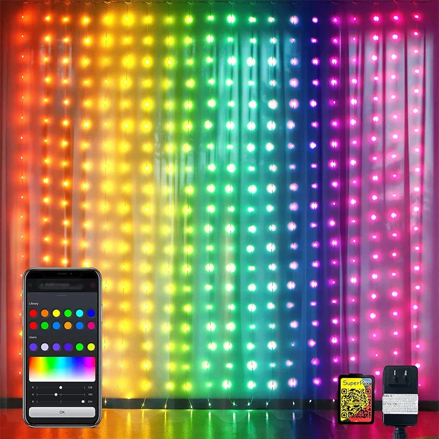 DIY RGB Christmas Fairy Curtains Lights Outdoor Smart APP Control 3*3M 400LED Garland String Lights for Party Wedding Home Decor