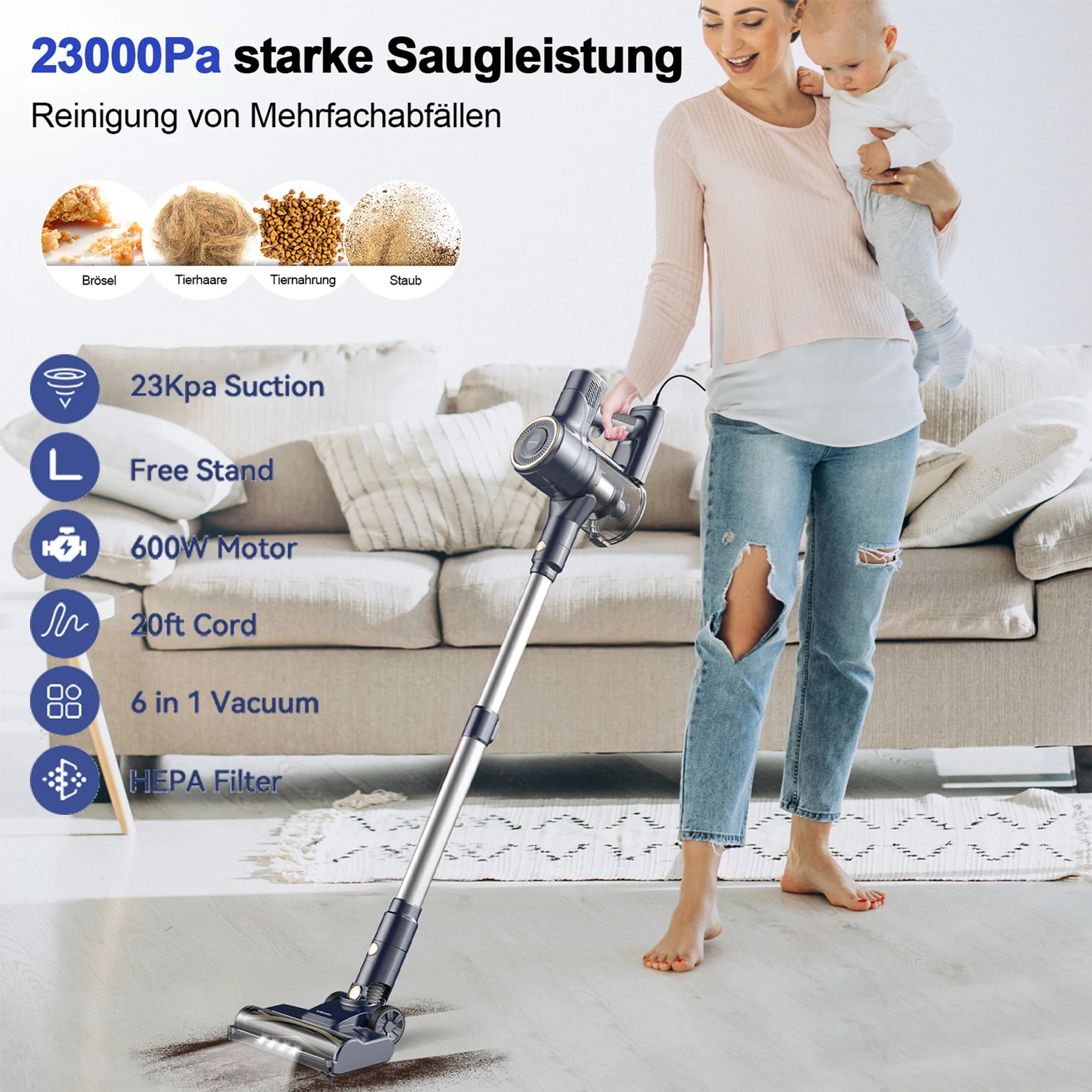 I8 Corded Vacuum Cleaner, 23000Pa 6M Long Cord Stick Vacuum for Floor, Carpet, Pet Hair