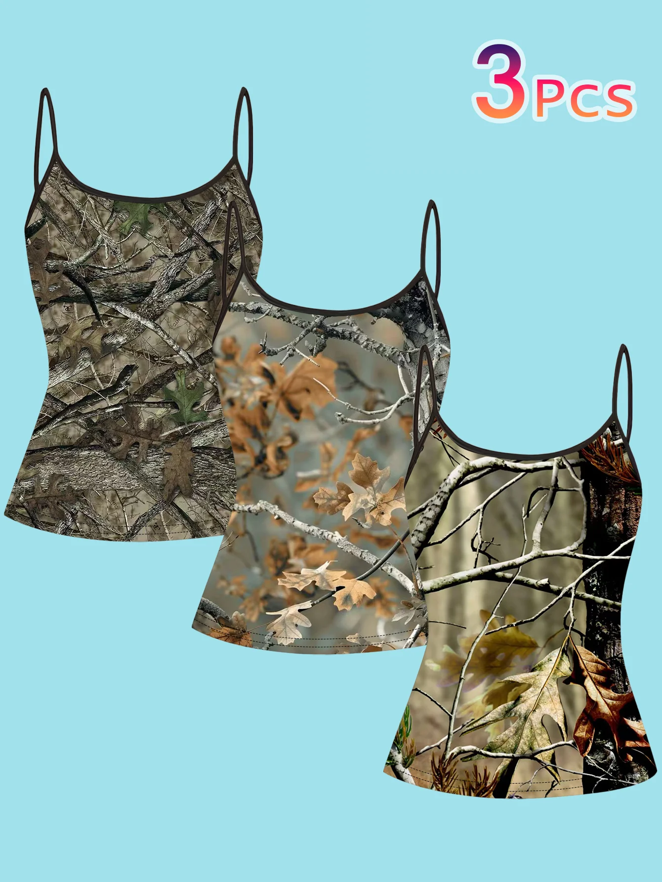 3-Pack Forest Branch Camouflage Print Camisole for Women, Outdoor Style Retro Leaf Slim-Fit Sleeveless Base Camisole