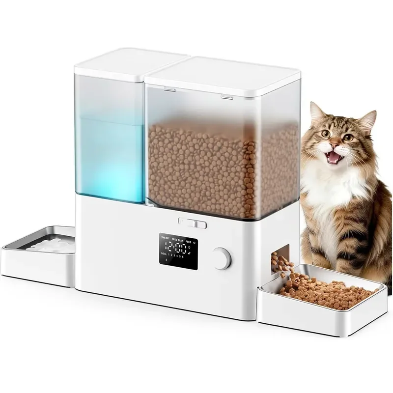 Stainless Steel Automatic Cat Feeder 2 in 1 Gravity Water Dispenser Large Capacity Pet Food Bowl Timed Drinking System for