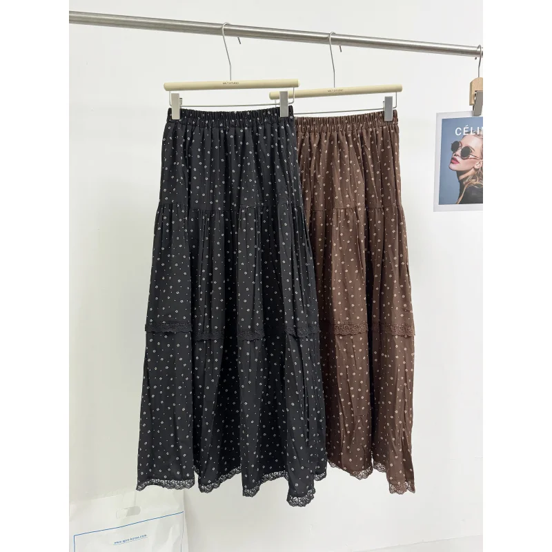 Korean KH Lace Patchwork Vintage Floral Midi Skirt Women, Autumn Long Skirt, High Waist A-line Loose Large Hem Skirt