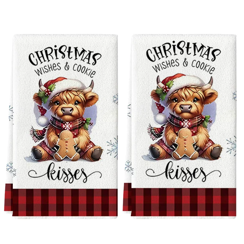 2Pcs, Christmas Gingerbread Man Highland Cow Kitchen Towel, 40Cm*60Cm Towel Set, Super Absorbent Soft Cleaning Cloth, Cooking and Baking Tea Towel, Hand Towel, Cleaning Cloth, Dishcloth, Kitchen Decoration, Living Room Decorations, Kitchen Essentials, Home Essentials