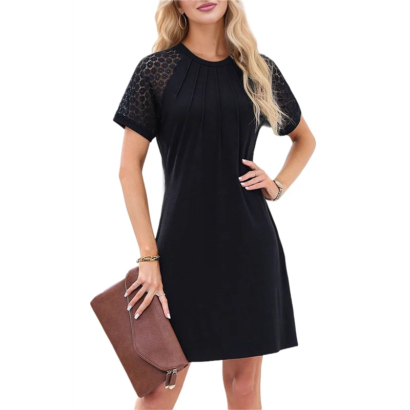 เดรสเสื้อยืดแขนสั้นลูกไม้สำหรับผู้หญิง รุ่น A09P ชุดเดรสลำลองคอทรงกลม จับจีบด้านหน้า