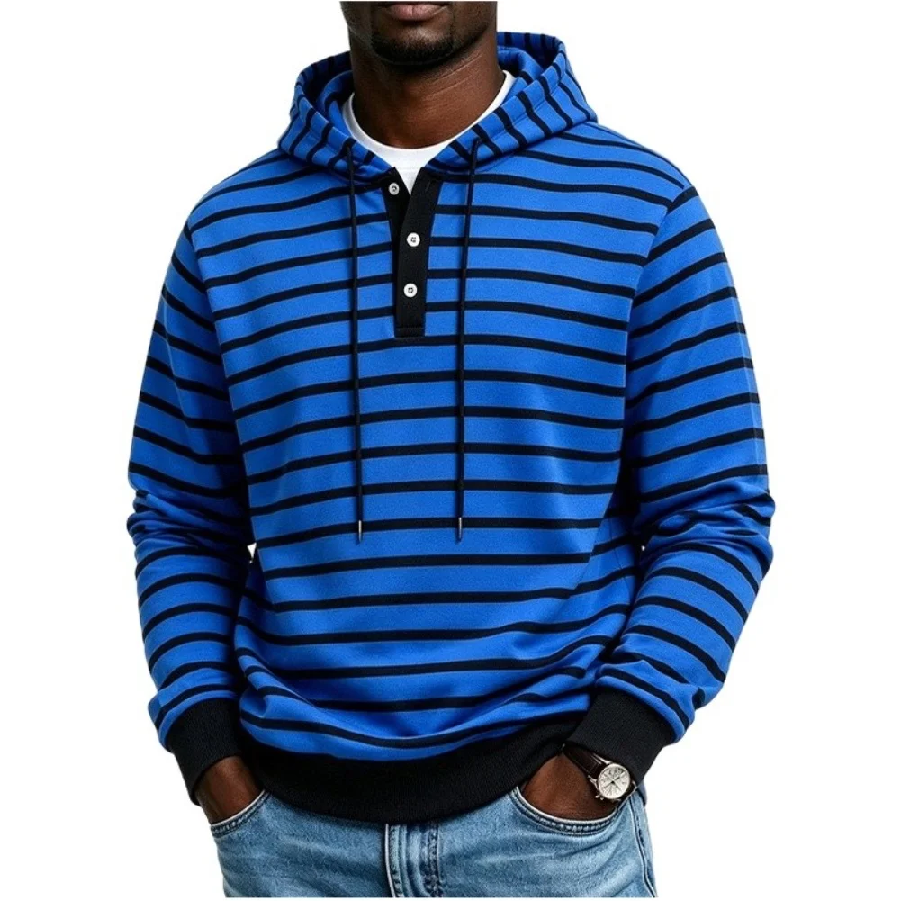 Men's Casual Striped Pullover Hoodie with Hood Drawstring and For Henley Button Placket Sweatshirt for Autumn and Winter