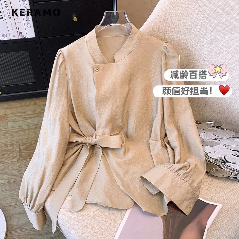 Casual Elegant Long Sleeve Round Neck Solid Color Baggy Shirts 2024 Spring Women Classic Office Lady Vintage Bow Basics Blouse