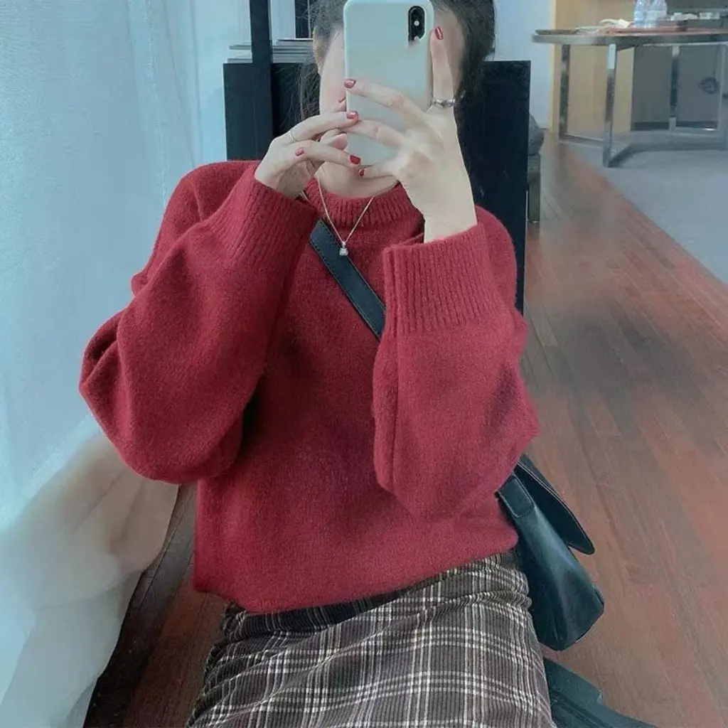 

Женский винтажный красный свитер в корейском стиле, свободный крой, осенне-зимний толстый пуловер, топ для повседневной одежды