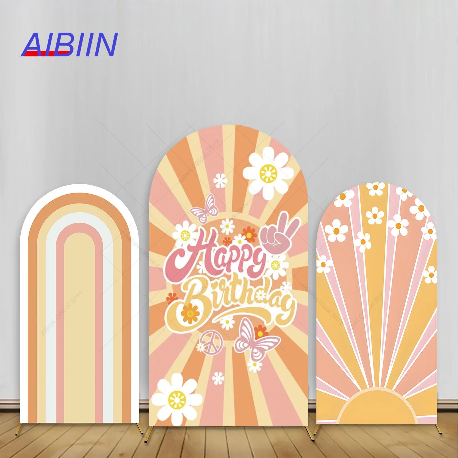 

Daisy Flower Happy Birthday Arch Backdrop Cover Rainbow Sun Stripe Butterfly Baby Shower Party Decor Kids Cake Table Background