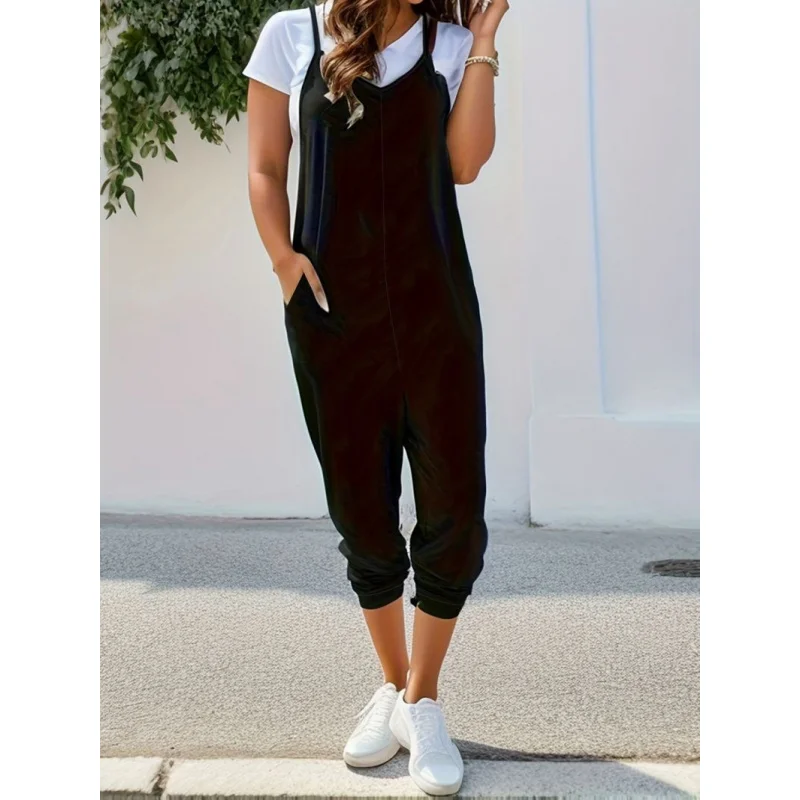 

New hot selling spring and summer sleeveless Women's Casual Pocket Pants Solid Loose Strap Straight Jumpsuit
