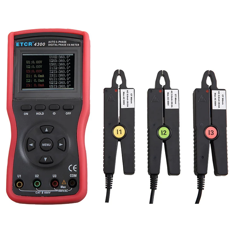ETCR4300 ETCR4320 Three-phase Digital Phase Voltmeter Triple Clamp Automatic 0~360 Phase Voltmeter USB Port 500 Data Storage