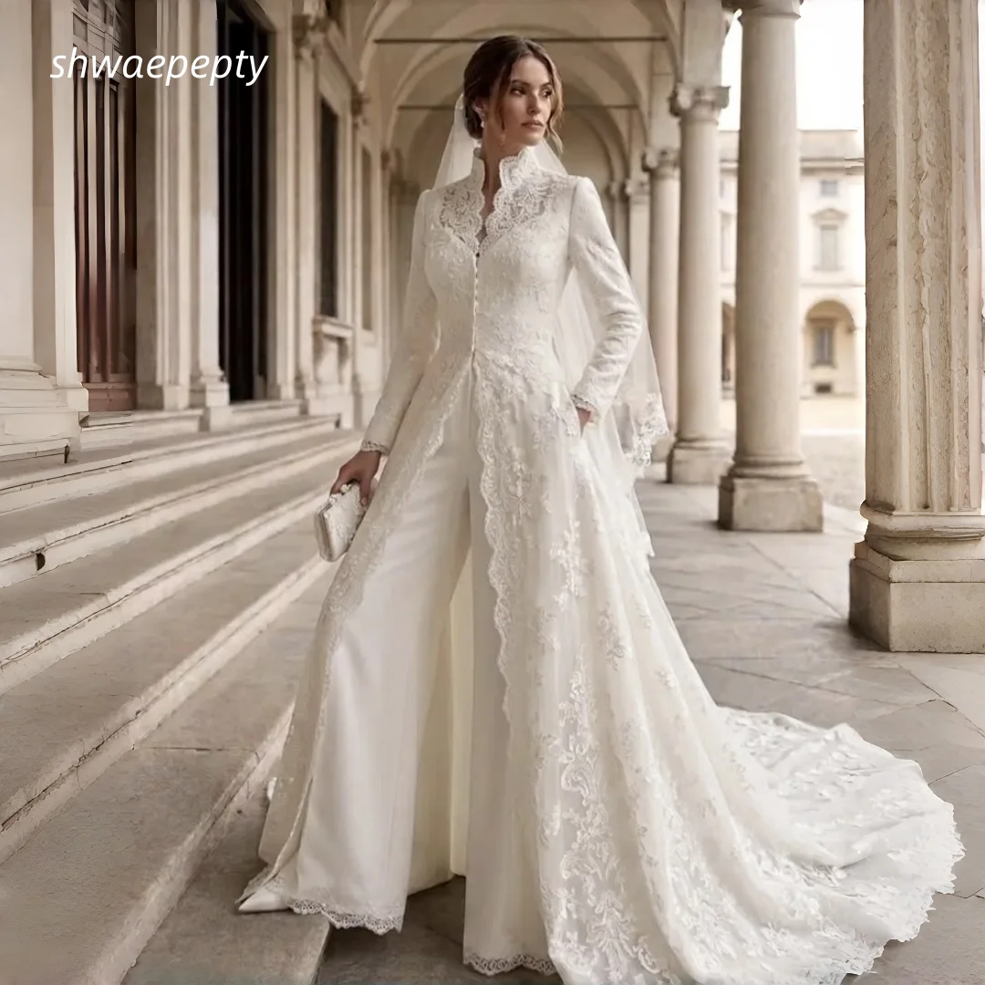 High Collar Lace Jumpsuit Wedding Dress Long Sleeve Appliqued Bridal Pant Suit With Detachable Lace Train Formal Gown Customized