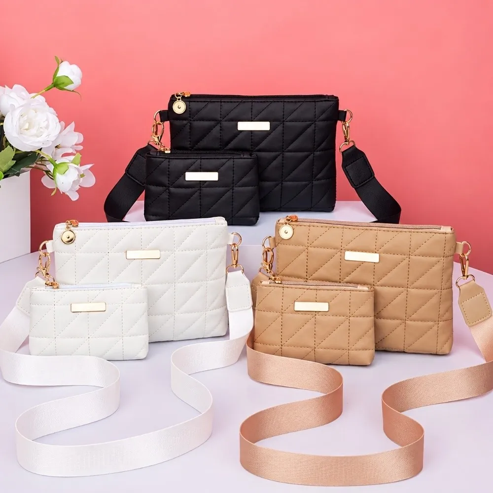 2Pcs Compact PU Leather Phone Bag Wallet Solid Color Multi-functional Crossbody Bag Quilted Design Mini Clutch Bag Daily Use