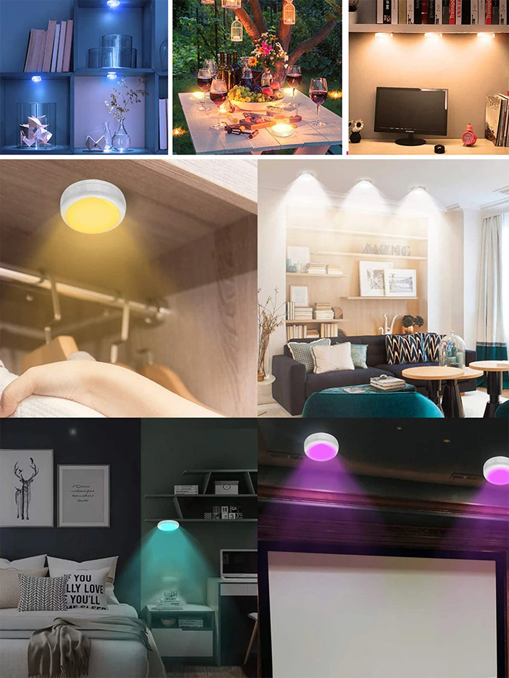 3/6 PCS LED Puck Light RGB 16 Colors Dimmable Under Cabinet Light USB Rechargeable Wine Cabinet Light with Remote Control