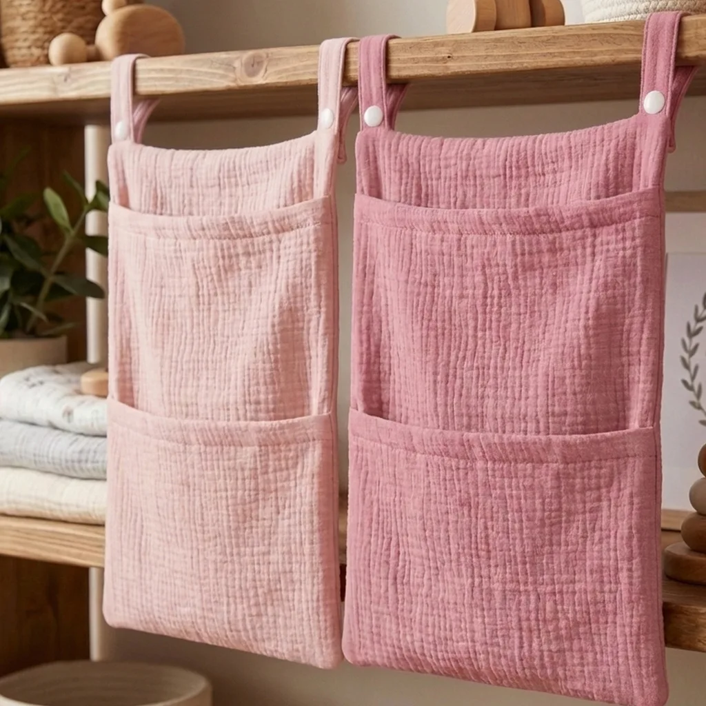 Picture 6: Baby Bed Head Hanging Bag Double Layer Crinkled Fabric Baby Toy Diaper Storage Bag Multifunctional Child Storage Bag