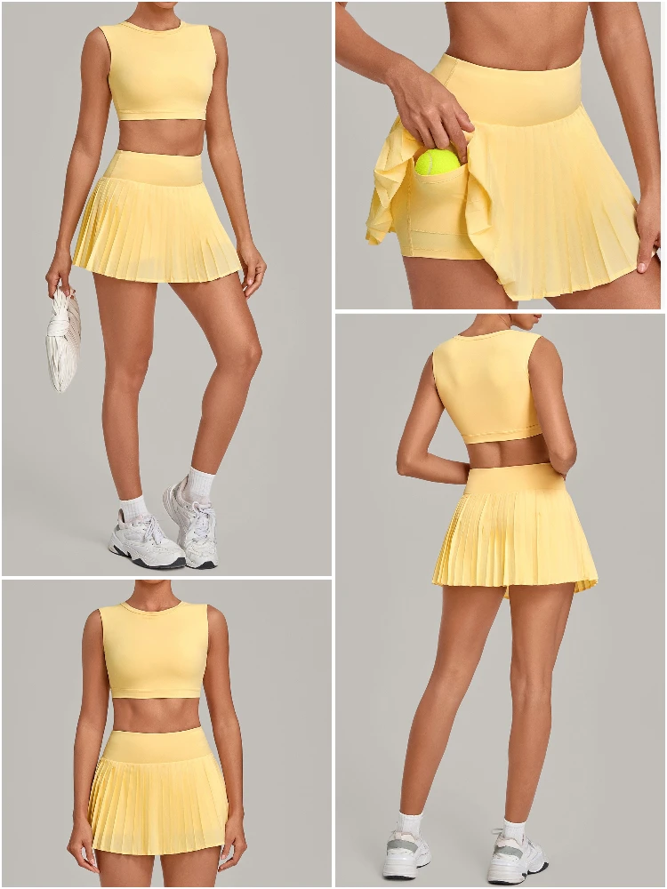 VITALINOVO Tennisrock-Sets für Damen, Rundhals-Camisole-Oberteil, passend dazu hochtaillierter, plissierter Sportrock für Damen, ideal für Tennis, Golf und Workouts – Detail 6