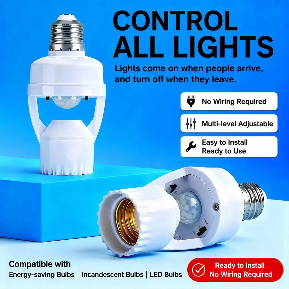 E27 Motion Sensor Light Socket Adapter Screw in PIR Motion Detector Lamp Holder 100-240V Smart Light Switch Base for LED Bulbs