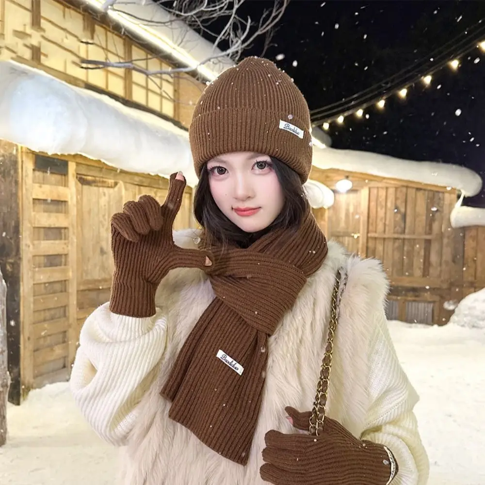 

Neck Protector Solid Color Hat Scarf Gloves Set Wool Warm Thermal Knit Cap Soft Windproof Winter Beanie Hat Outdoor