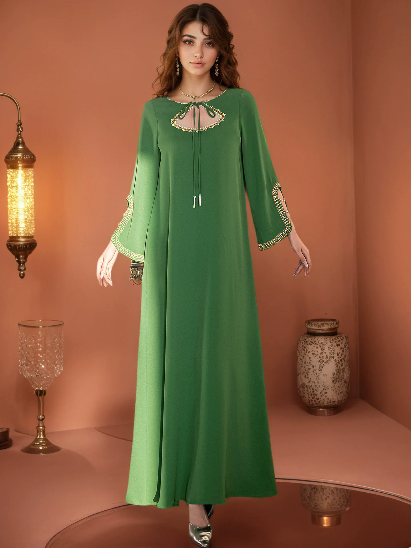 Ramadan Muslim new women's clothing European and American light luxury long sleeved loose slit fashion dress with diamonds