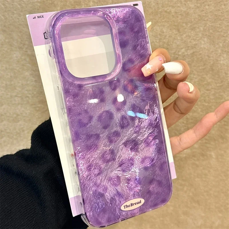 For iPhone 16 Case Luxury Leopard Rint Purple Ice Crack Pattern Phone Case For iPhone 15 14 13 12 11 Pro Max X XR 7 8 Plus Cover