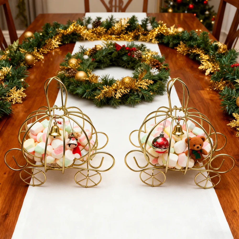 2pcs Golden Carriage Holder, Art Storage Box, Golden Color Pumpkin Car Storage Box, Decorative Wedding Box