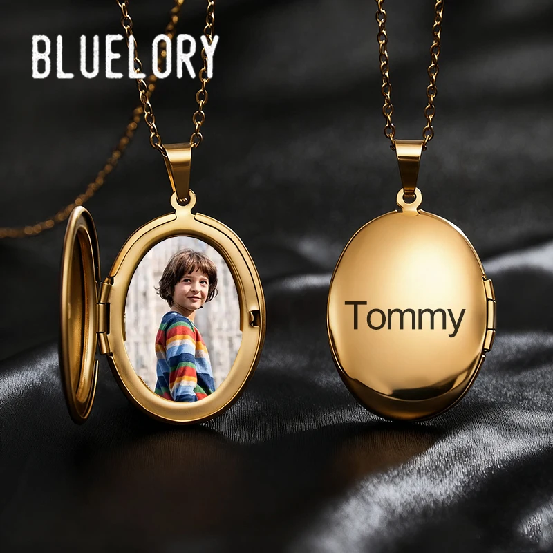 

Bluelory Personalized Oval Locket Necklace Custom Photo Engravable Smooth Pendant Necklace For Women Men Memorial Jewelry Gift